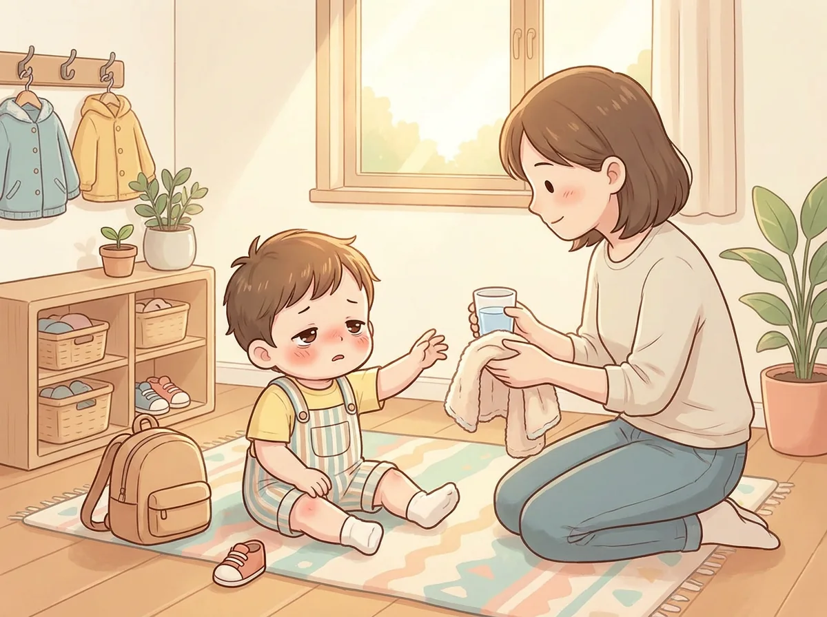 하원 후 현관에서 지친 아이가 부모에게 손을 뻗고 부모가 물과 수건을 건네는 일러스트