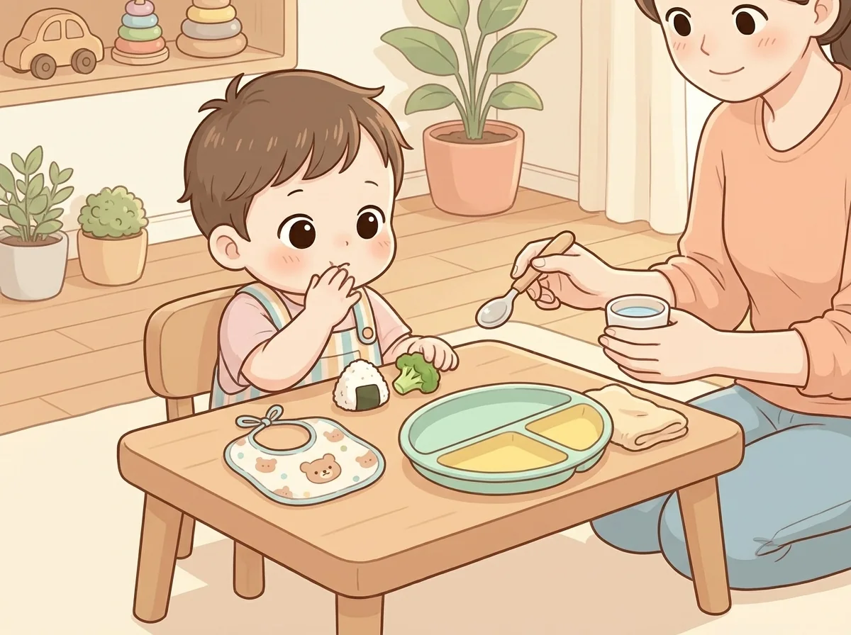 밥상 앞에서 음식을 만져보는 아이에게 부모가 차분히 숟가락과 물을 건네는 일러스트