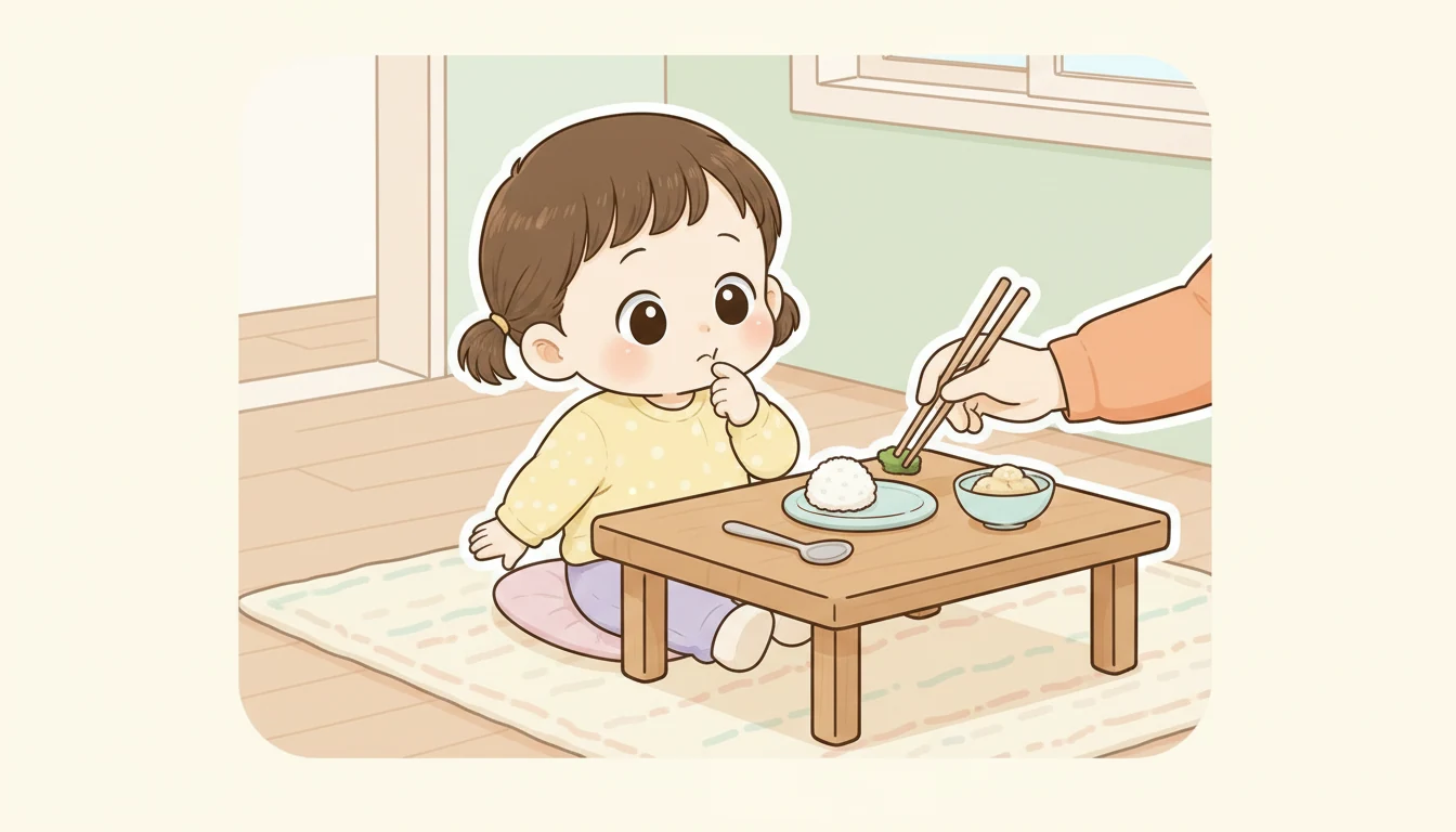 見慣れない食べ物を前にした子が体を少しよじると、保護者が慣れた食べ物の横に少量を静かに置く12タイプキャラクターのイラスト