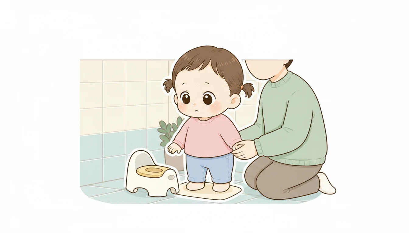 아이용 변기 앞에서 망설이는 아이 곁에 보호자가 낮은 자세로 기다리는 12유형 캐릭터 일러스트