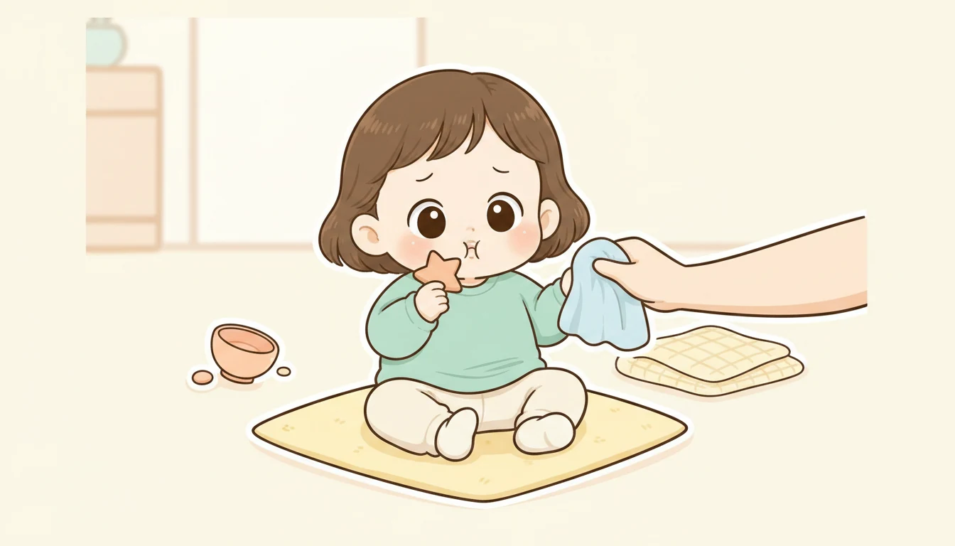치발기를 쥔 아이 곁에서 보호자가 차가운 천을 건네며 잇몸 불편 신호를 살피는 12유형 캐릭터 일러스트