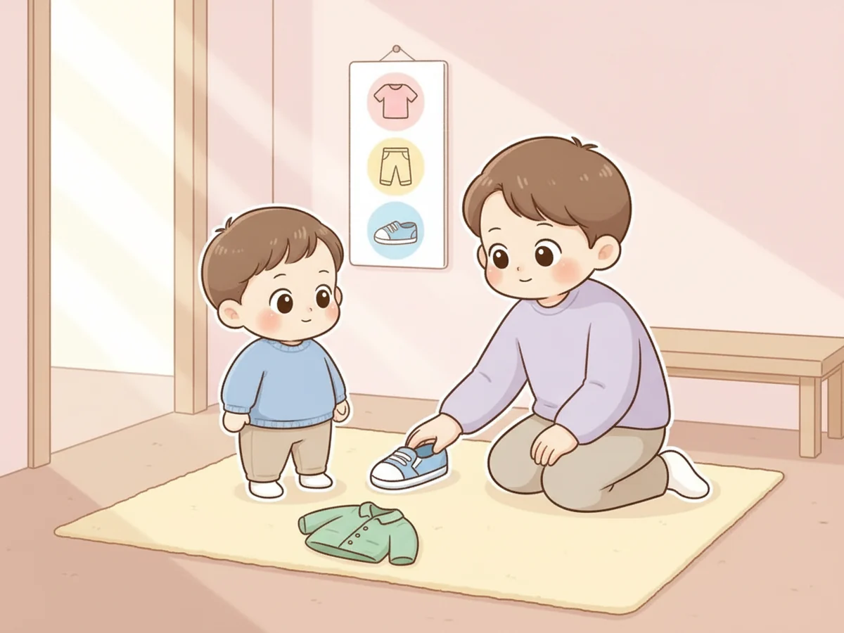 현관에서 신발과 외투를 아이 앞에 놓고 다음 순서를 보여주는 부모 일러스트