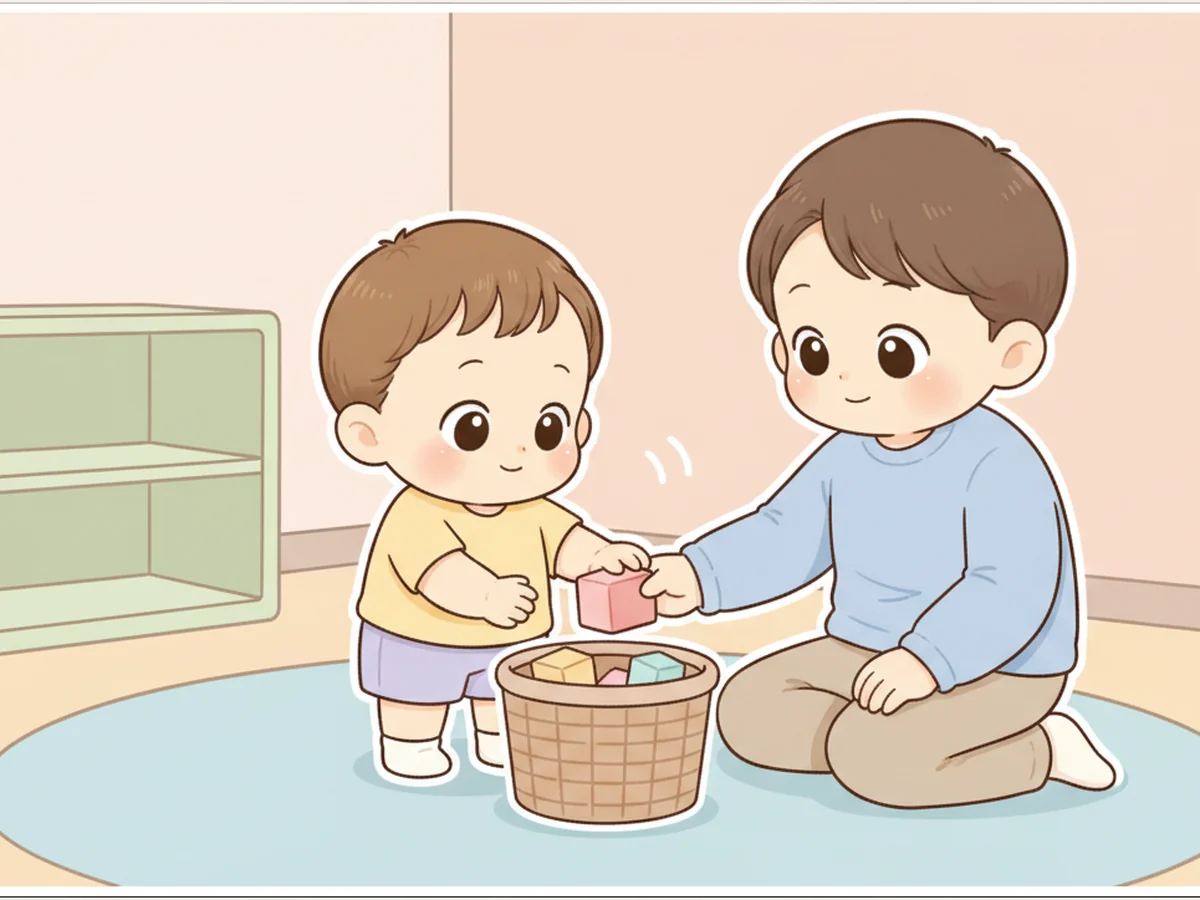 아이가 블록을 바구니에 넣자 부모가 바로 행동을 짚어 주는 일러스트