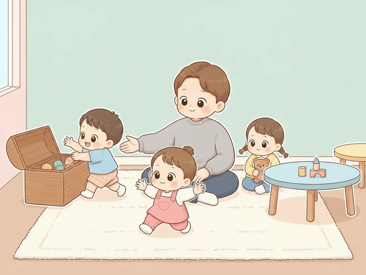 놀이방에서 서로 다른 속도로 움직이는 아이들에게 부모가 다른 거리와 손짓으로 안내하는 일러스트