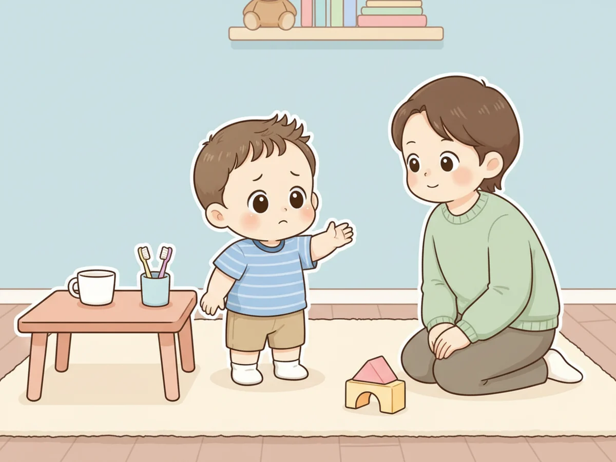 식탁과 장난감 사이에서 아이의 손과 표정을 살피는 부모 일러스트