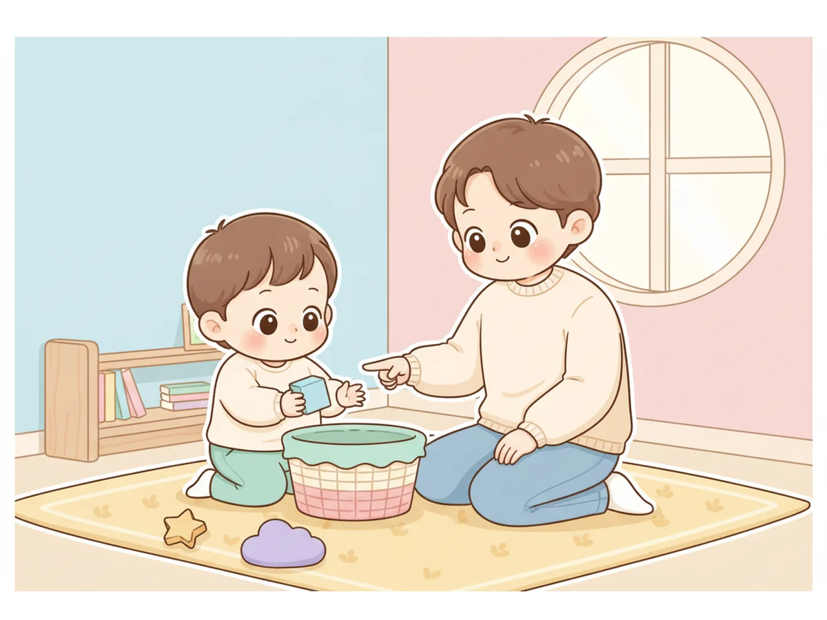 부모가 장난감 바구니를 가리키자 아이가 블록 하나를 넣으려는 일러스트