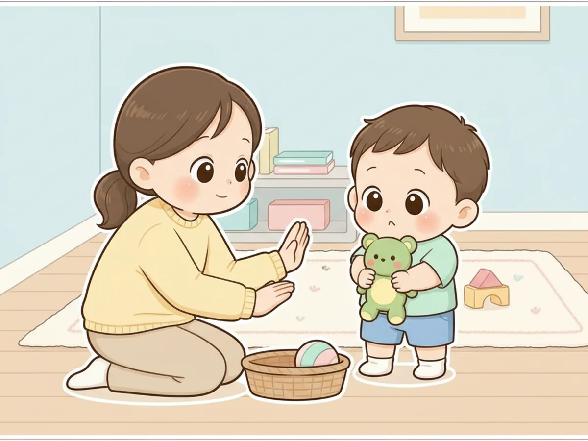 장난감을 던지려는 아이에게 부모가 차분히 대체 행동을 보여주는 일러스트