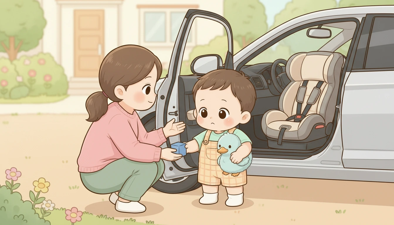 주차된 차 옆에서 부모가 아이에게 작은 장난감을 보여주며 카시트에 앉는 순서를 돕는 12유형 캐릭터 일러스트