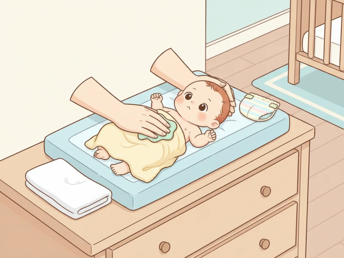 수건 위 아기를 부모가 한 손으로 받치며 부드럽게 닦는 장면