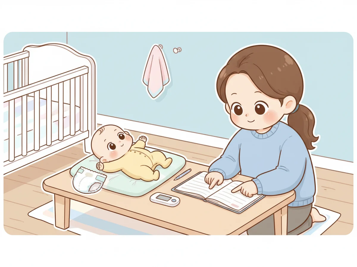 부모가 체온계와 기저귀 기록 노트를 보며 아기 상태를 확인하는 장면