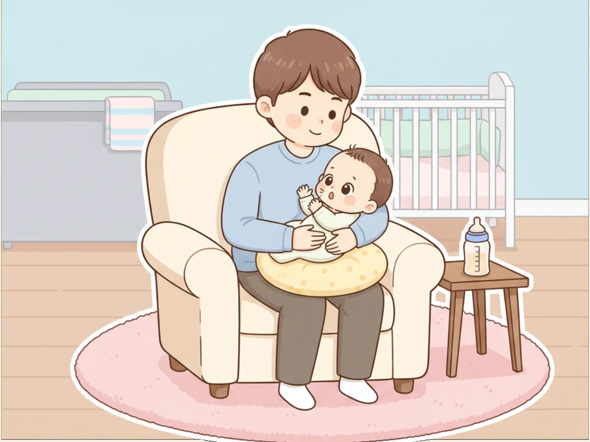 부모가 아기의 배고픈 신호를 살피며 수유 준비를 하는 장면