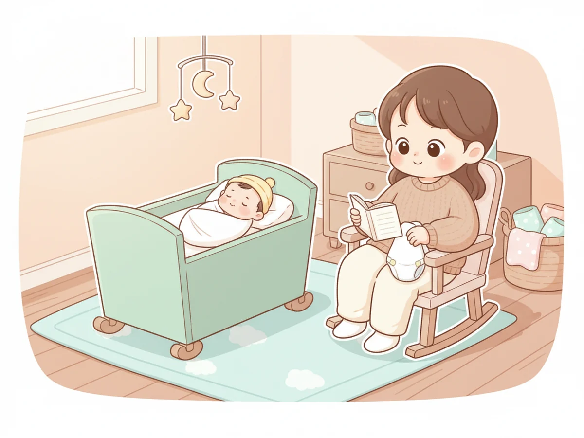 아기 침대 옆에서 수유와 기저귀 기록을 확인하는 부모 장면
