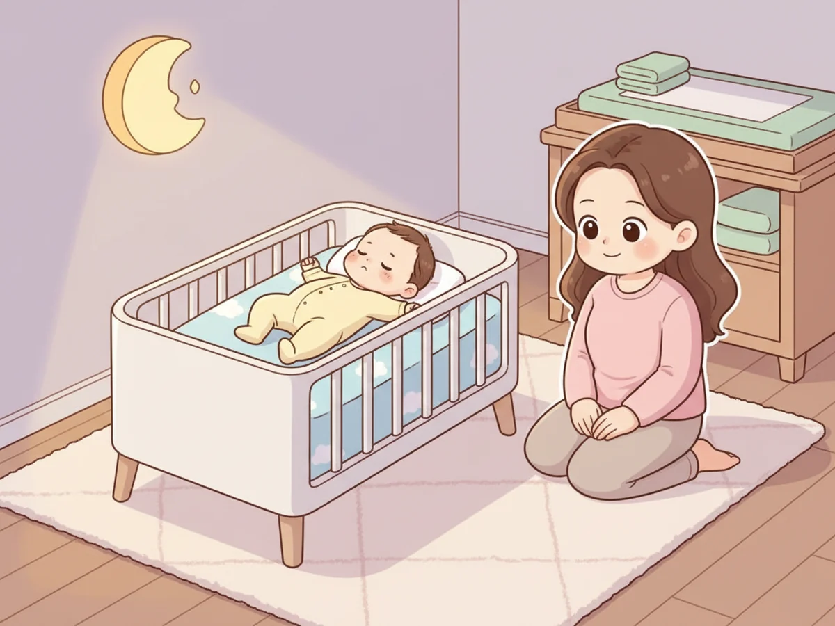 베개와 이불 없이 단단한 아기 침대에 누운 아기를 부모가 살피는 장면