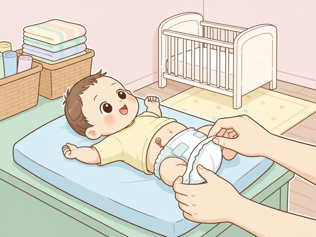 배꼽을 덮지 않게 기저귀를 접어 주는 부모 손 장면