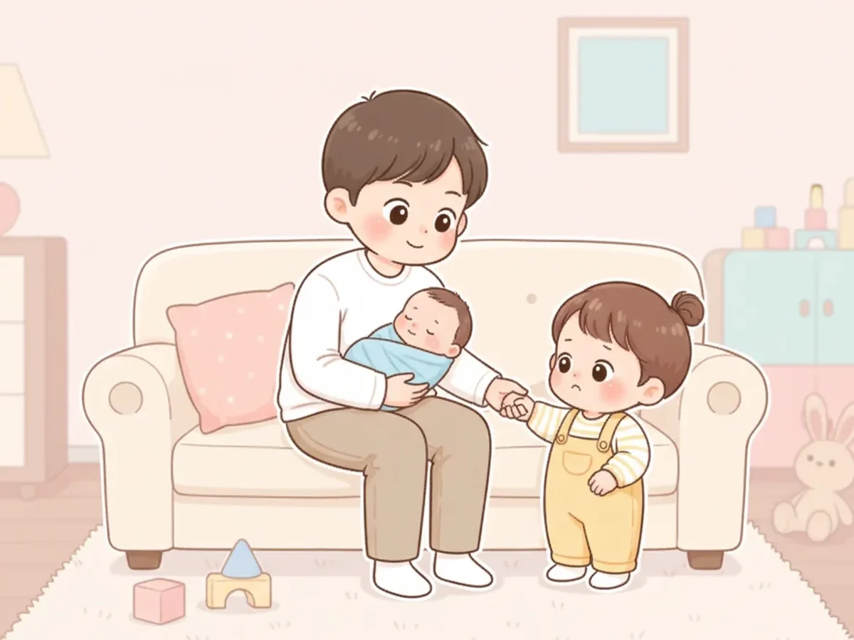 아기를 안은 부모가 첫째 아이와 눈을 맞추며 첫째만의 손잡기 시간을 만들어 주는 일러스트