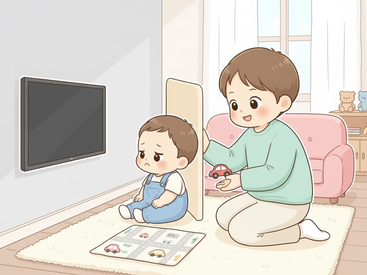거실에서 화면을 끈 뒤 부모가 아이에게 자동차 장난감을 보여주며 다음 행동으로 이어 주는 일러스트