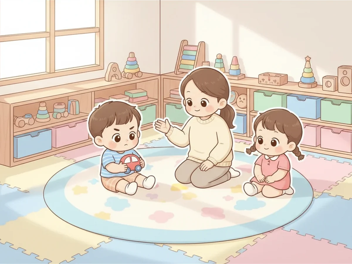 두 아이가 장난감 자동차 차례를 기다리고 부모가 손짓으로 순서를 보여주는 일러스트