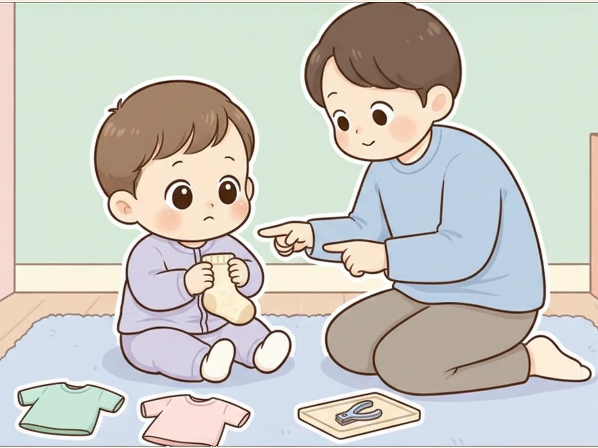 부모가 아이에게 양말과 손톱깎기 순서를 보여주며 손가락 하나부터 준비하는 일러스트