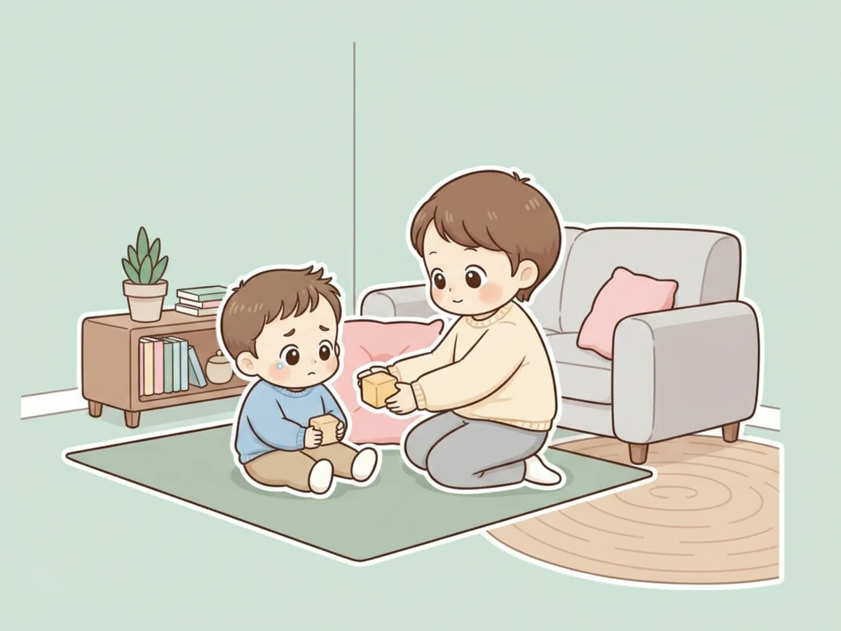 크게 운 아이 옆에서 부모가 몸을 낮추고 조용한 자리로 안내하는 일러스트