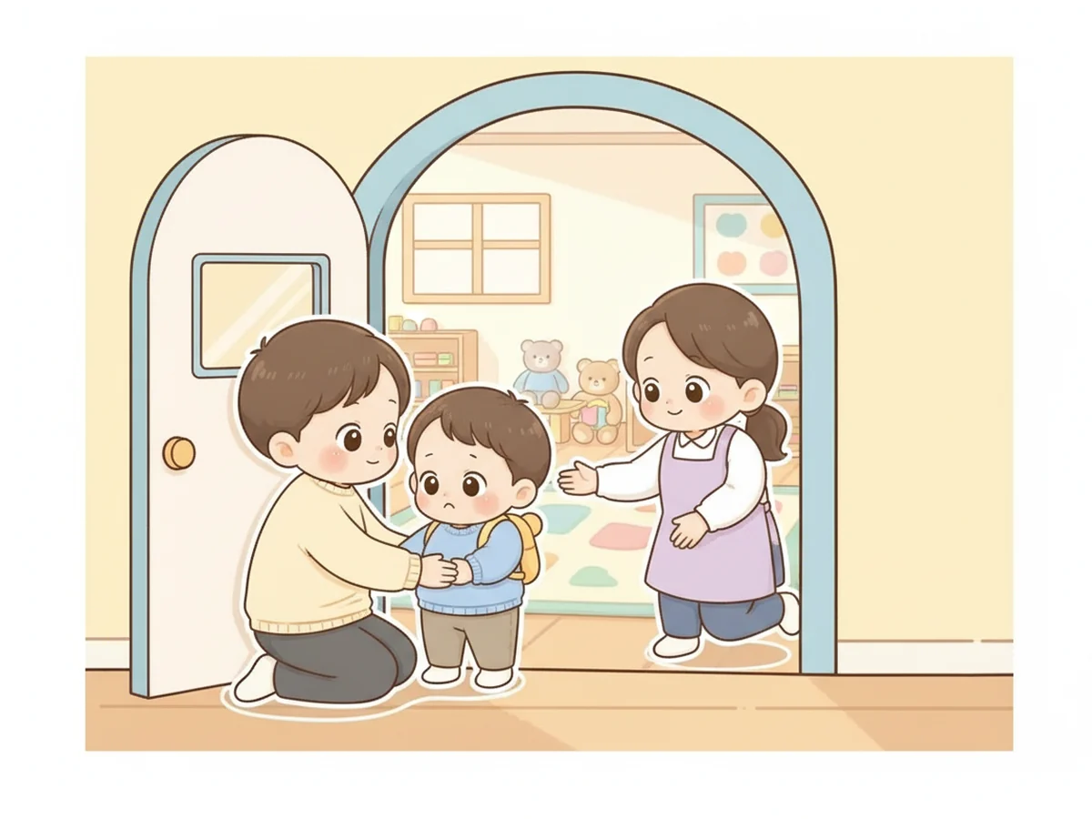 어린이집 교실 문 앞에서 부모가 아이에게 짧은 인사를 하고 선생님 손으로 이어 주는 일러스트
