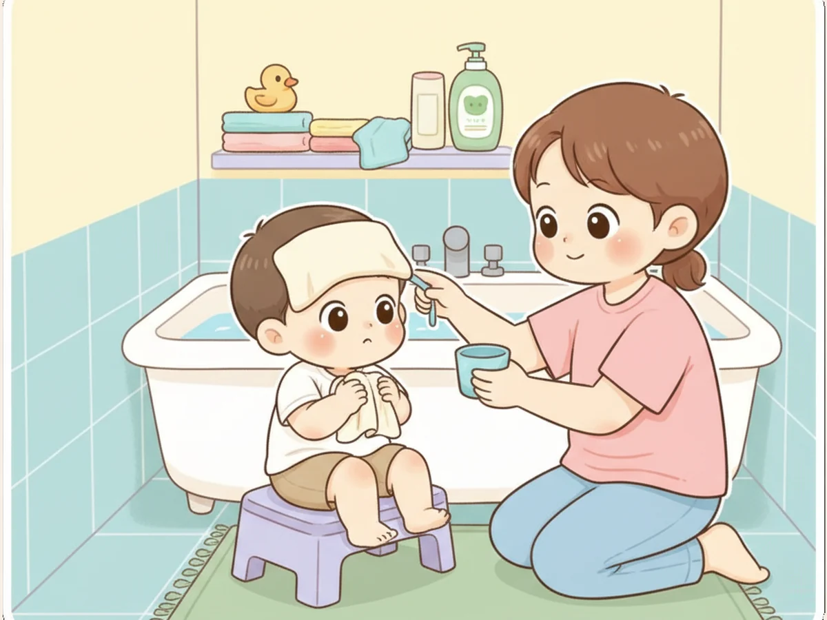 욕실에서 부모가 아이에게 작은 컵과 수건을 보여주며 머리 감는 순서를 알려주는 일러스트
