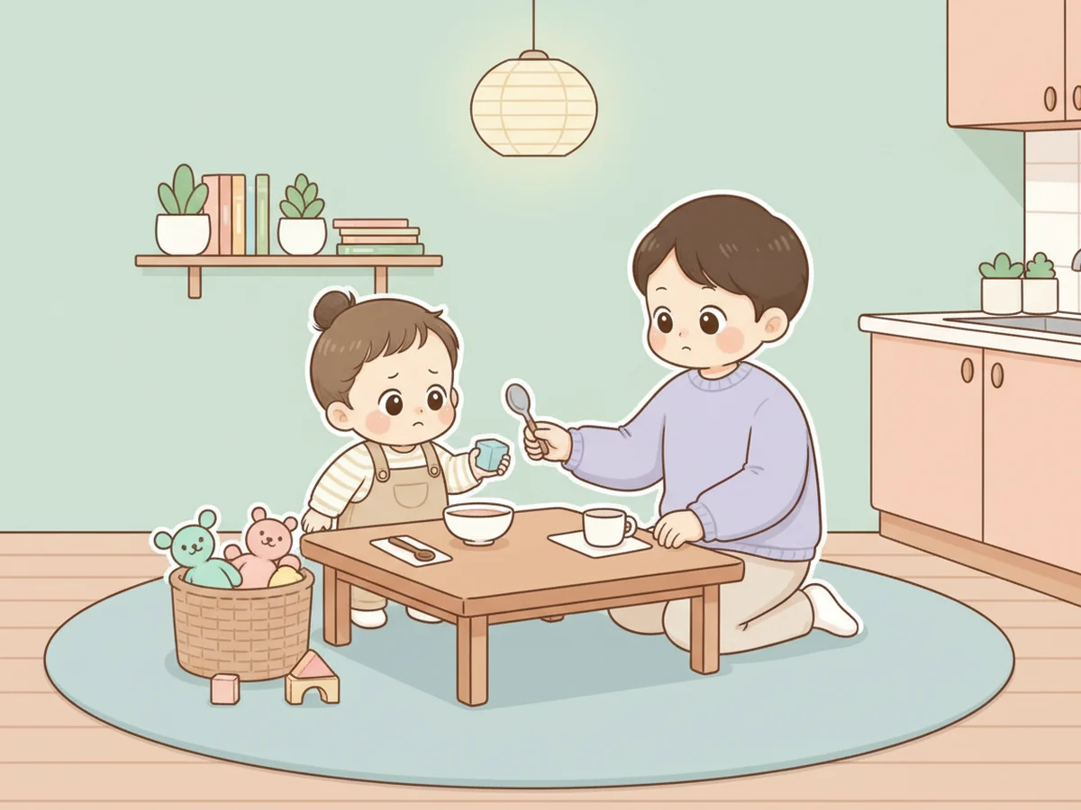 식사 전 부모가 아이에게 숟가락 놓기 역할을 주며 놀이에서 식탁으로 이어 주는 일러스트