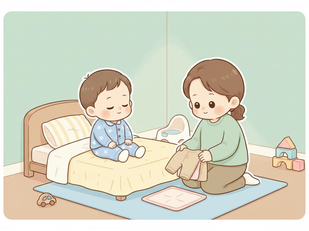 잠자리 옆에서 부모가 방수 패드와 잠옷을 조용히 준비하고 아이가 편안히 앉아 있는 일러스트