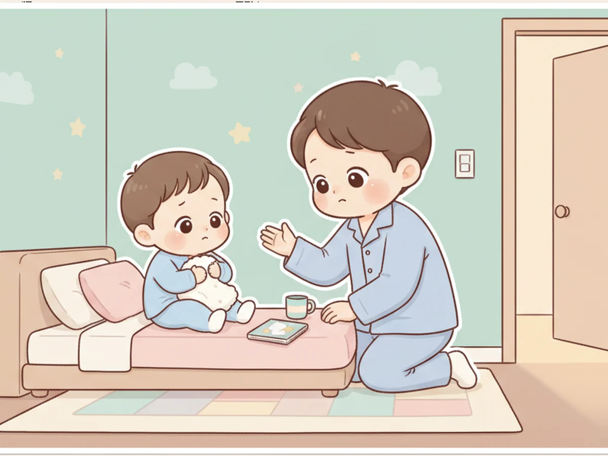 잠자리 옆에서 부모가 아이에게 짧은 인사를 건네며 조용히 루틴을 닫아주는 일러스트