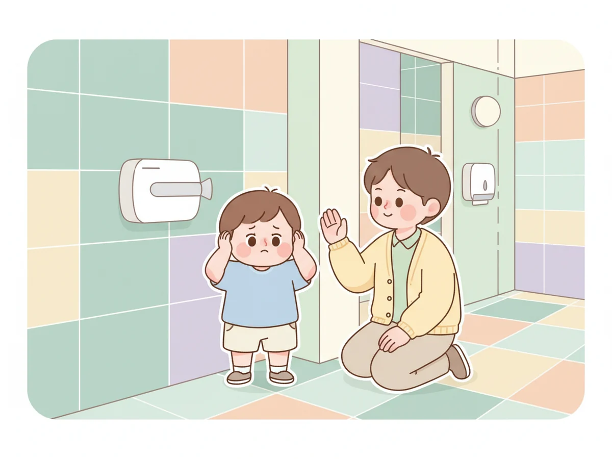 화장실 손 건조기 앞에서 부모가 아이에게 귀를 준비할 시간을 주는 일러스트