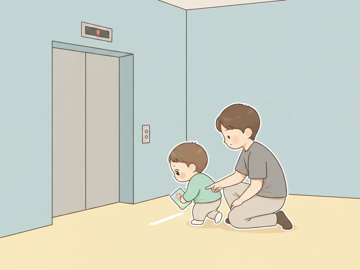 엘리베이터 앞에서 부모가 아이 손을 잡고 문이 열릴 때까지 짧게 기다리는 방법을 보여주는 일러스트