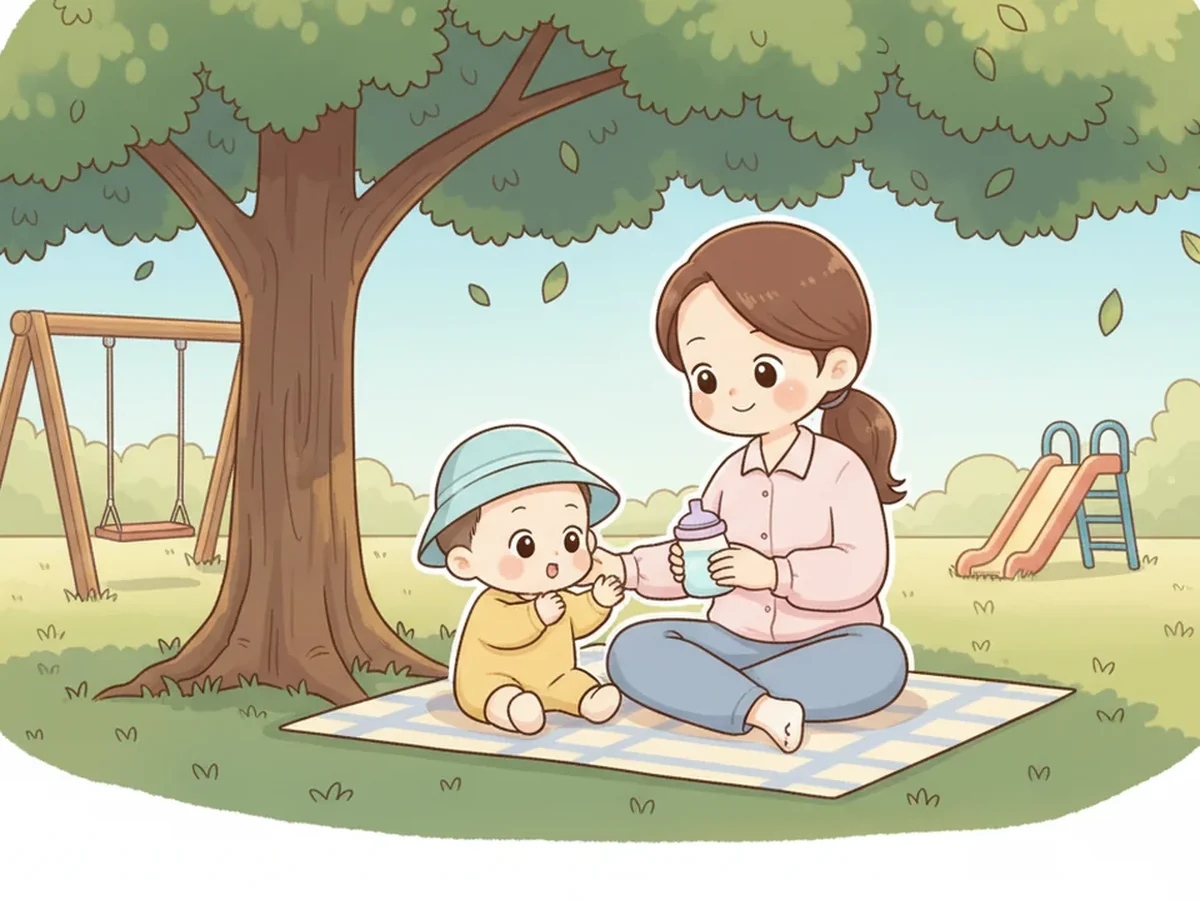 더운 날 그늘에서 부모가 아이에게 물병을 건네고 쉬게 하는 일러스트