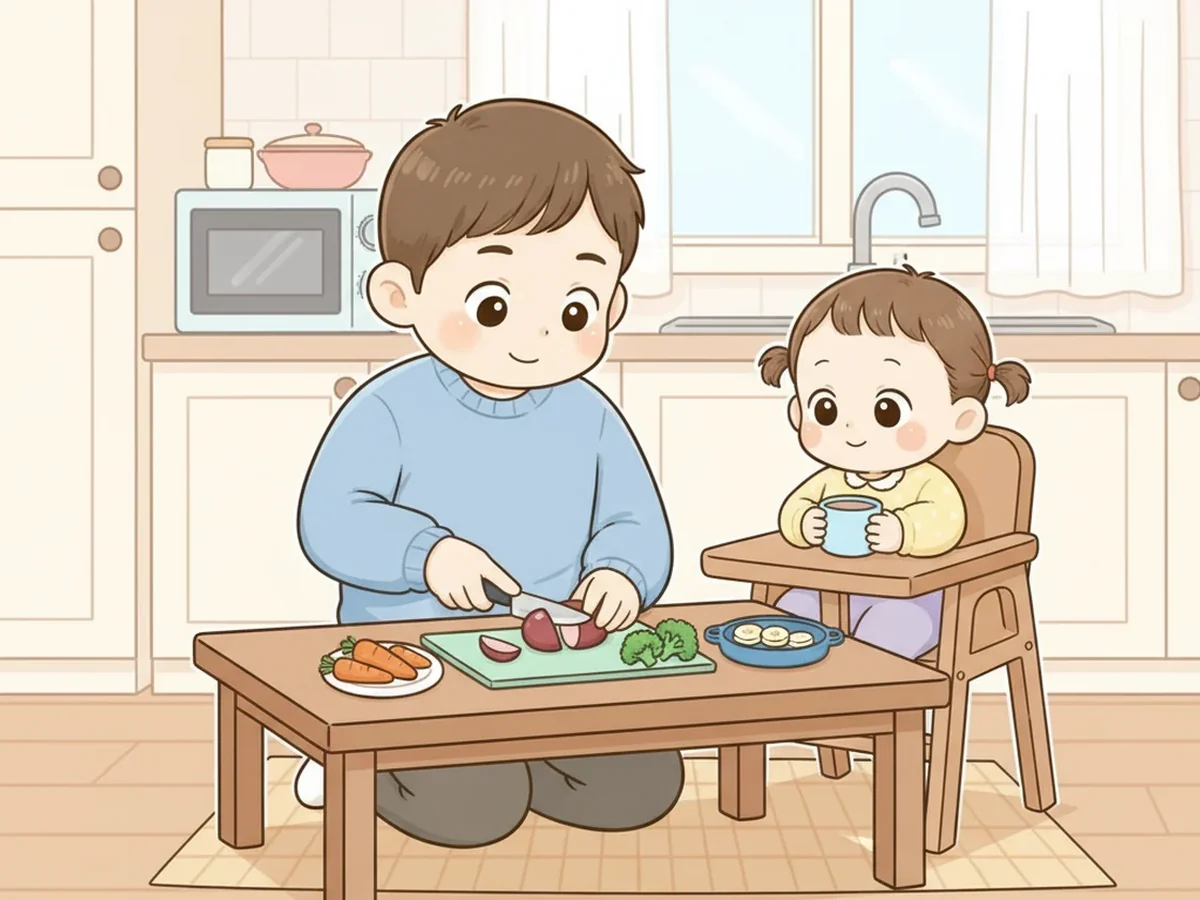 부모가 식탁에서 포도와 채소를 작게 자르고 아이가 앉아서 기다리는 일러스트