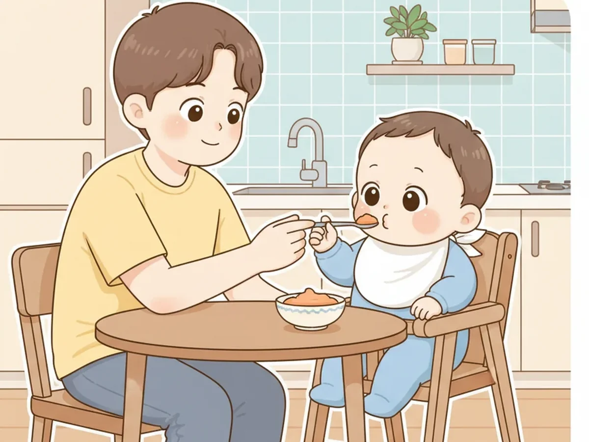 부모가 아기를 안정적으로 앉힌 뒤 작은 숟가락을 보여주며 이유식 준비를 확인하는 일러스트