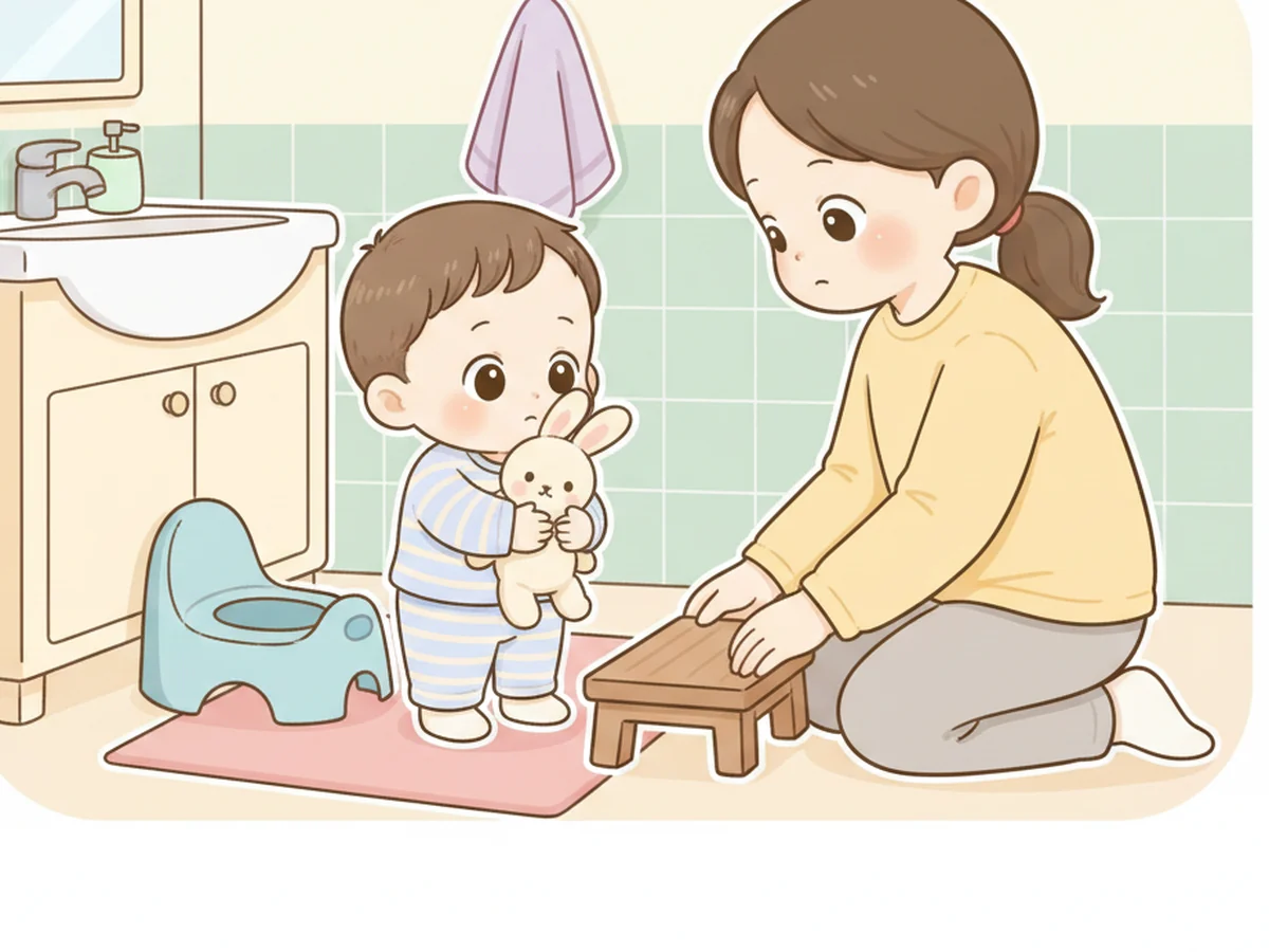 아이용 변기 옆에서 부모가 발 받침을 맞추고 아이를 차분히 기다려 주는 일러스트