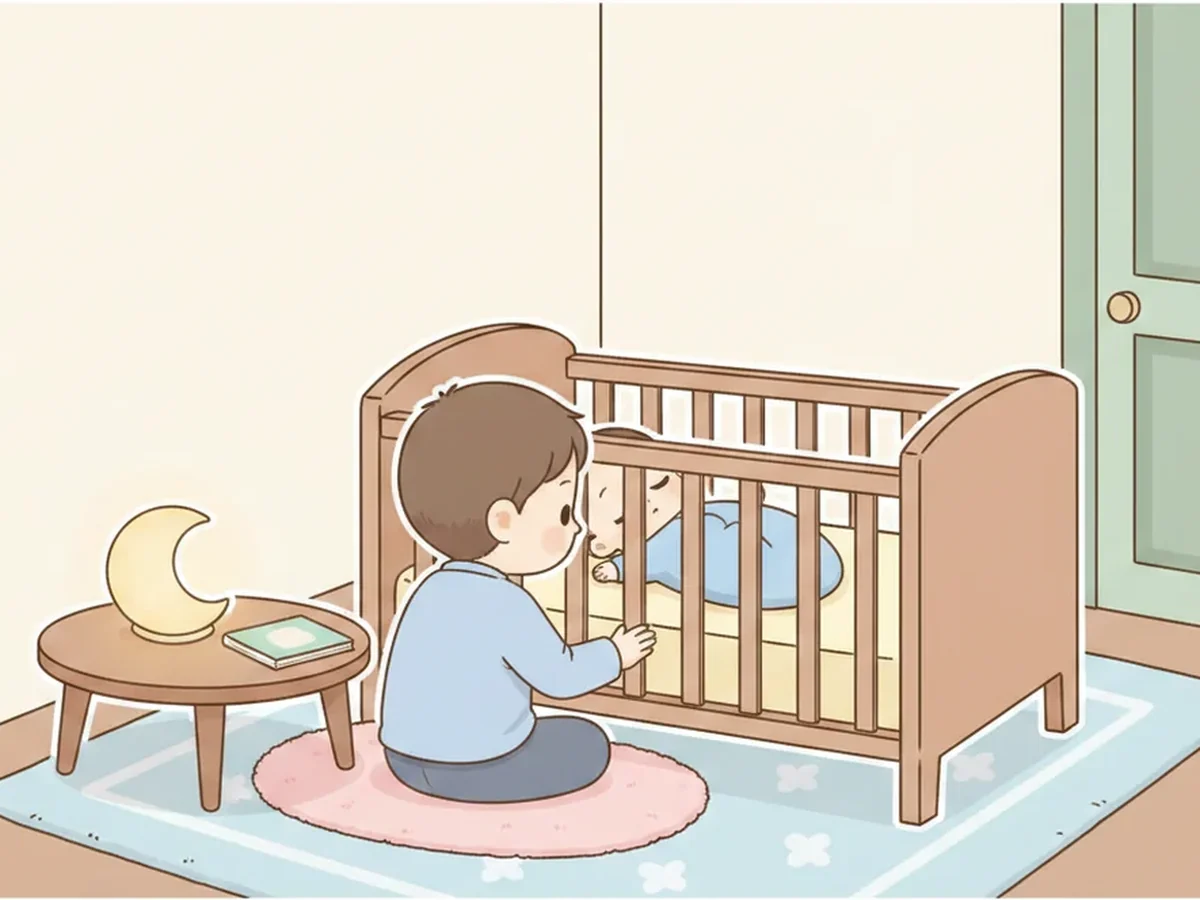 안전한 아기 침대 옆에서 부모가 졸린 아이에게 손을 얹고 잠드는 마지막 순간을 도와주는 일러스트