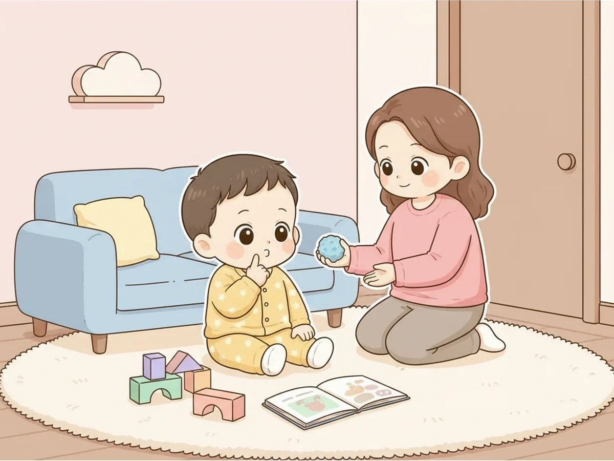 손가락이 입가로 가려는 아이에게 부모가 말랑한 공과 손잡기로 다른 위안을 보여주는 일러스트