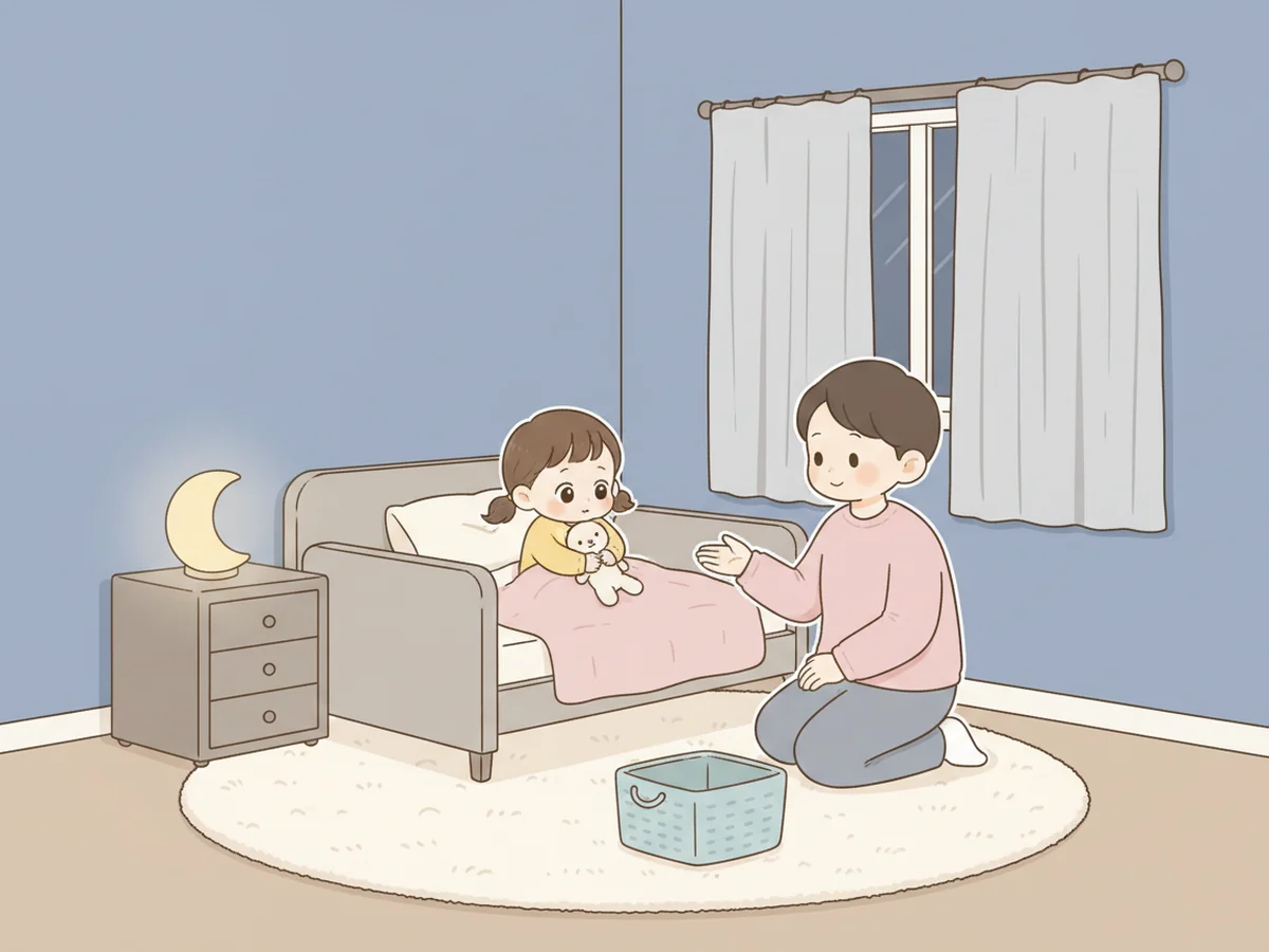 밤에 침대 옆에서 부모가 아이를 차분히 살피며 안전하게 지켜주는 일러스트