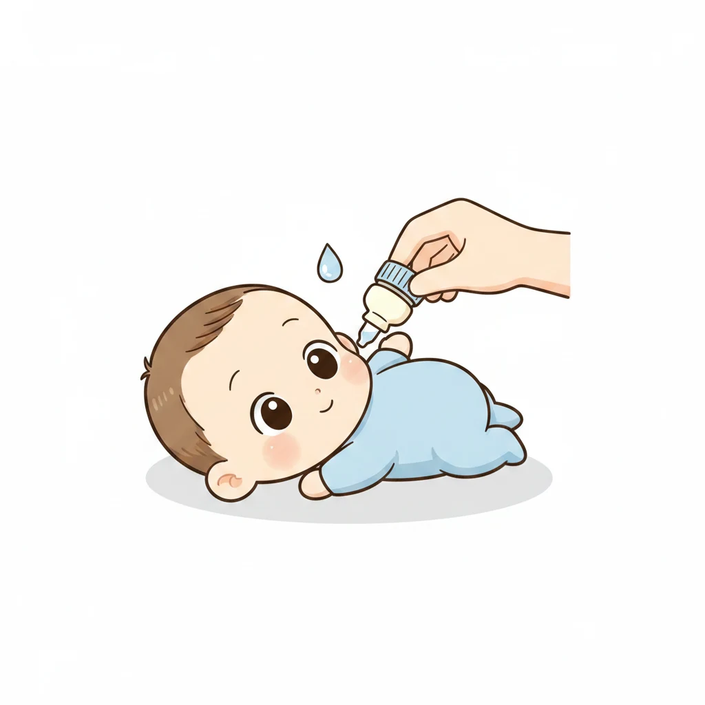 코가 막힌 아기의 머리를 옆으로 살짝 기울여 식염수를 넣어주는 부모의 손 일러스트