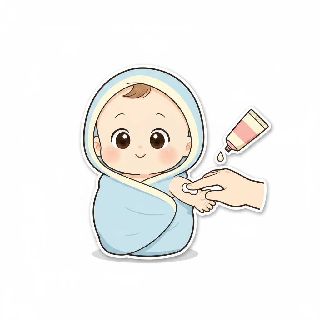 목욕 후 아기 피부에 부모가 부드럽게 보습 크림을 발라주는 일러스트