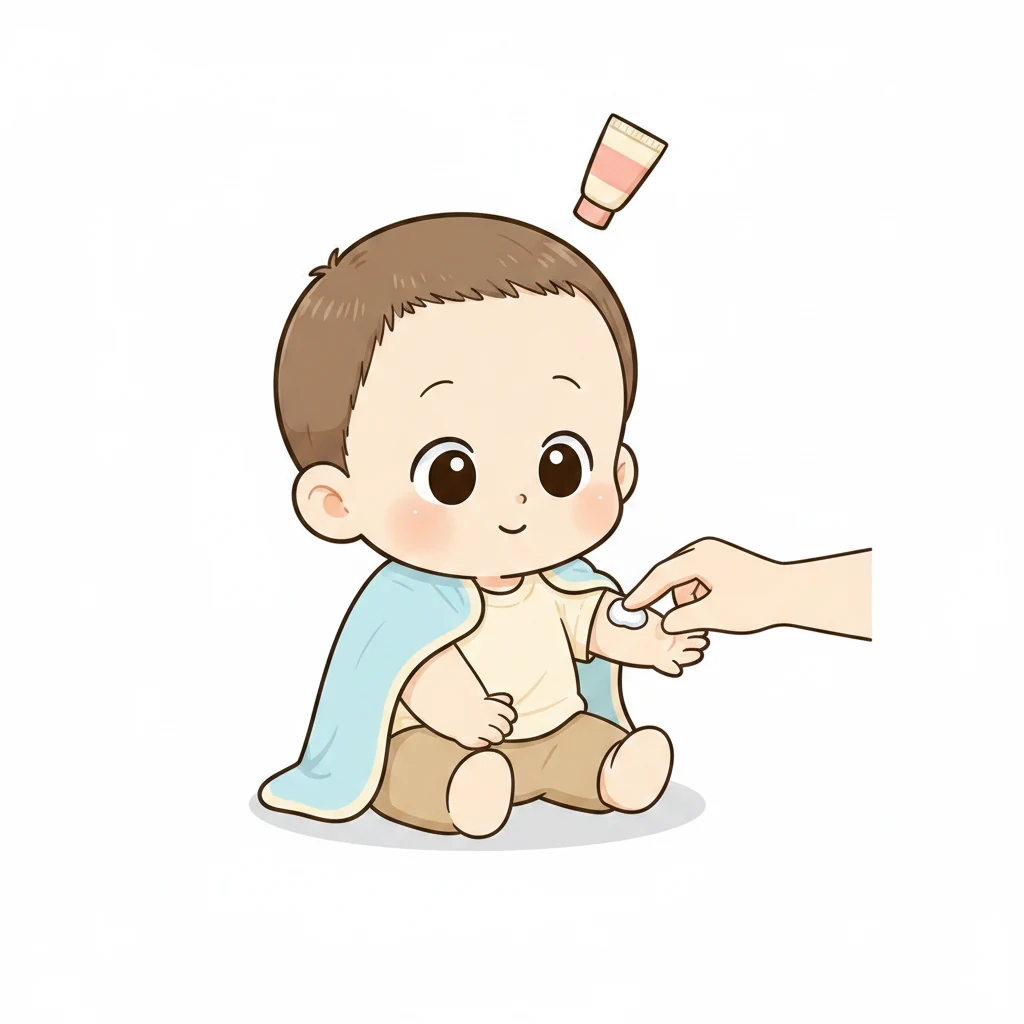 목욕 후 아기 피부에 부모가 부드럽게 보습 크림을 발라주는 일러스트