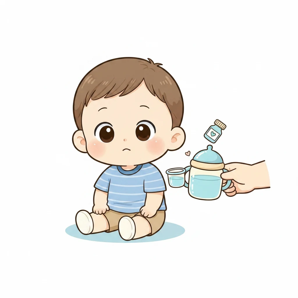 약을 거부하는 아이에게 부모가 작은 약병과 좋아하는 컵을 보여주며 차분히 권하는 일러스트