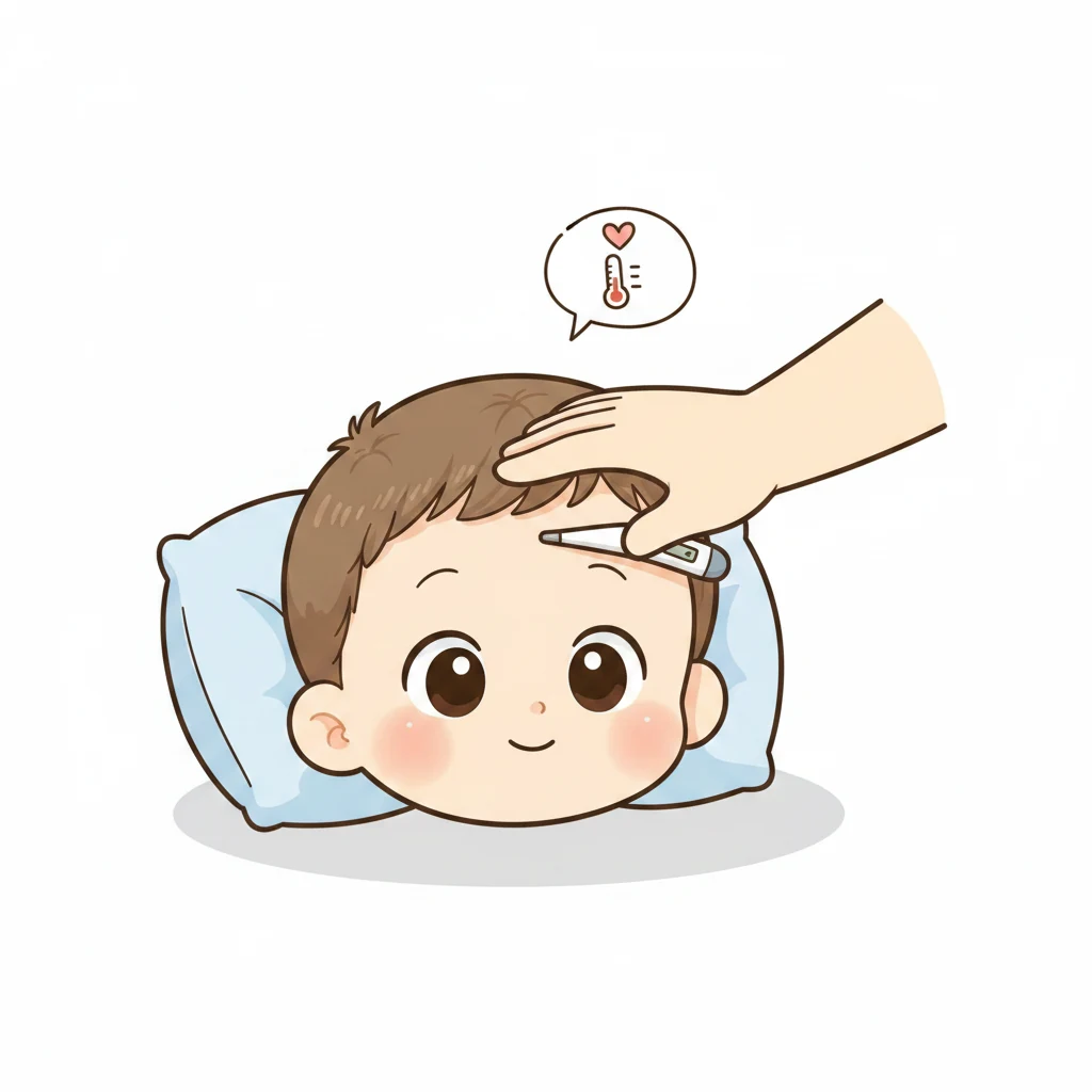열이 나는 아이 이마를 짚으며 체온계를 들고 차분히 살피는 부모 일러스트