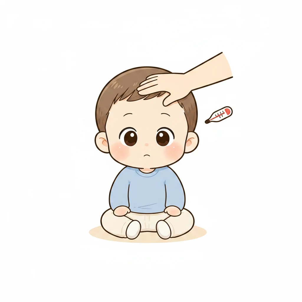 열이 나는 아이 이마를 짚으며 체온계를 들고 차분히 살피는 부모 일러스트