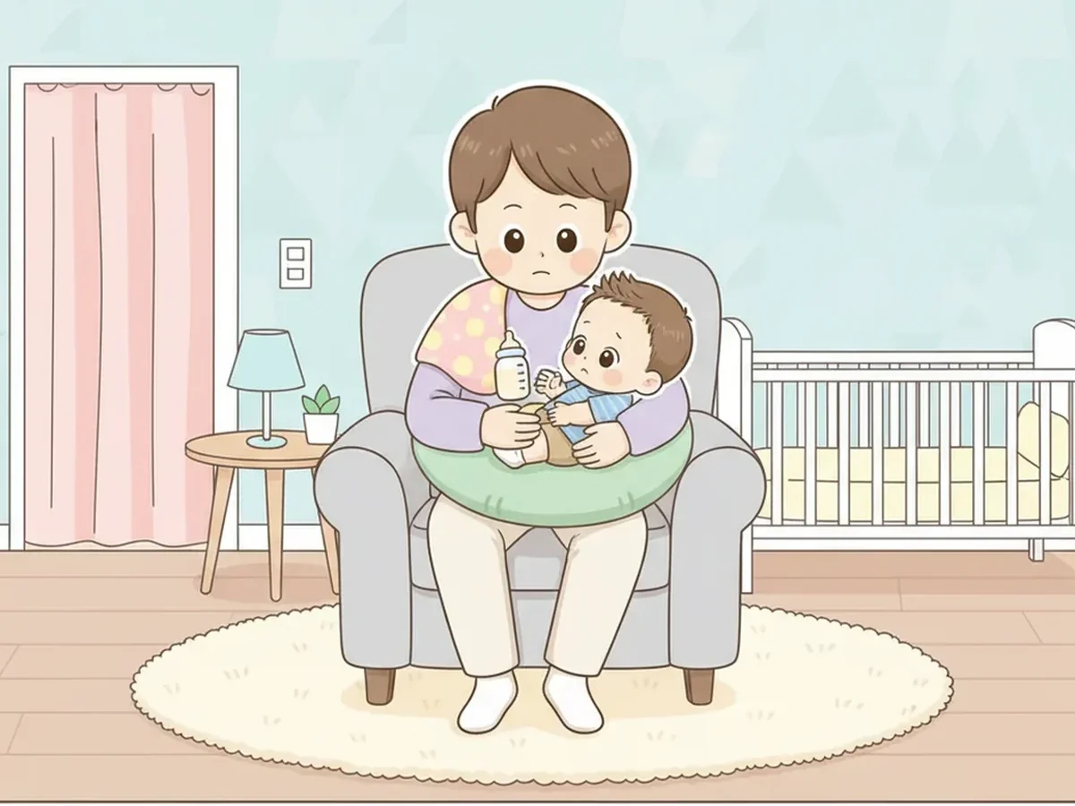 아기가 젖병 쪽에서 살짝 몸을 돌리자 부모가 잠시 멈추고 살피는 장면