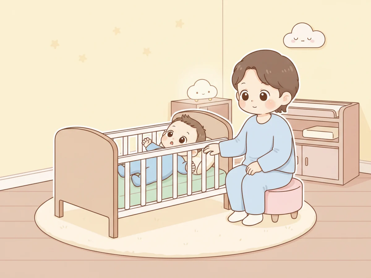 새벽에 깬 아기 옆에서 부모가 침대 곁에 앉아 조용히 살피는 장면