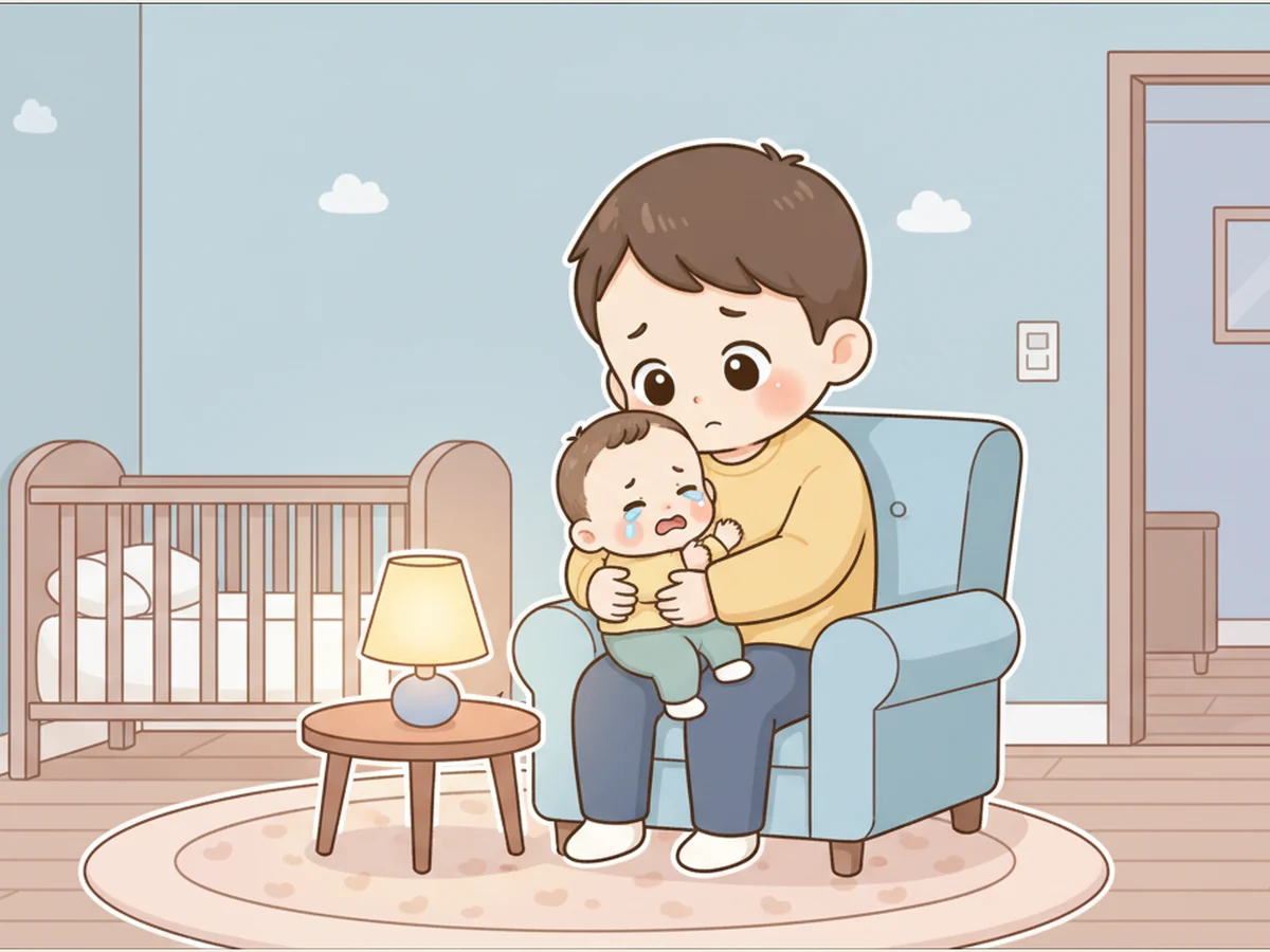 저녁 시간 부모가 우는 아기를 안고 조용한 방에서 달래는 장면