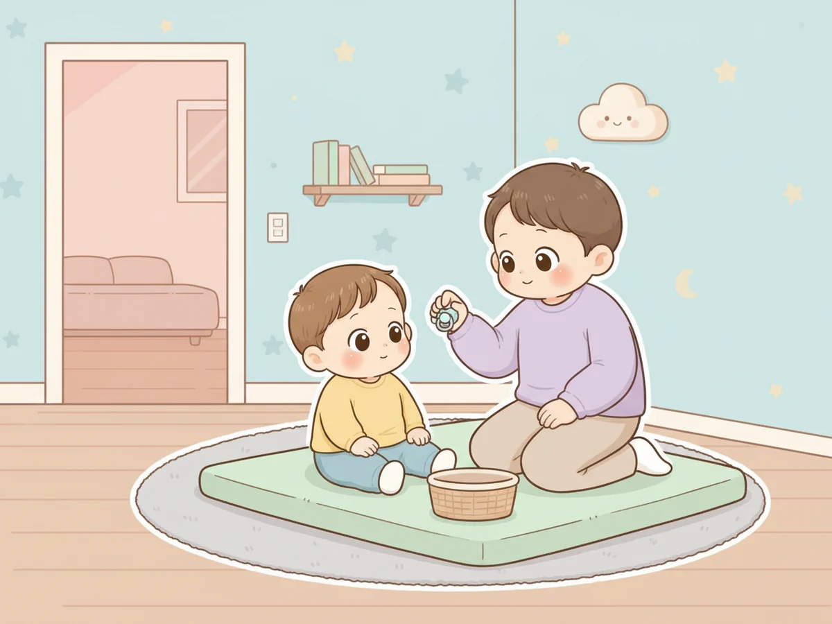 잠자리 전 부모가 아이에게 쪽쪽이와 작은 바구니를 보여주는 장면