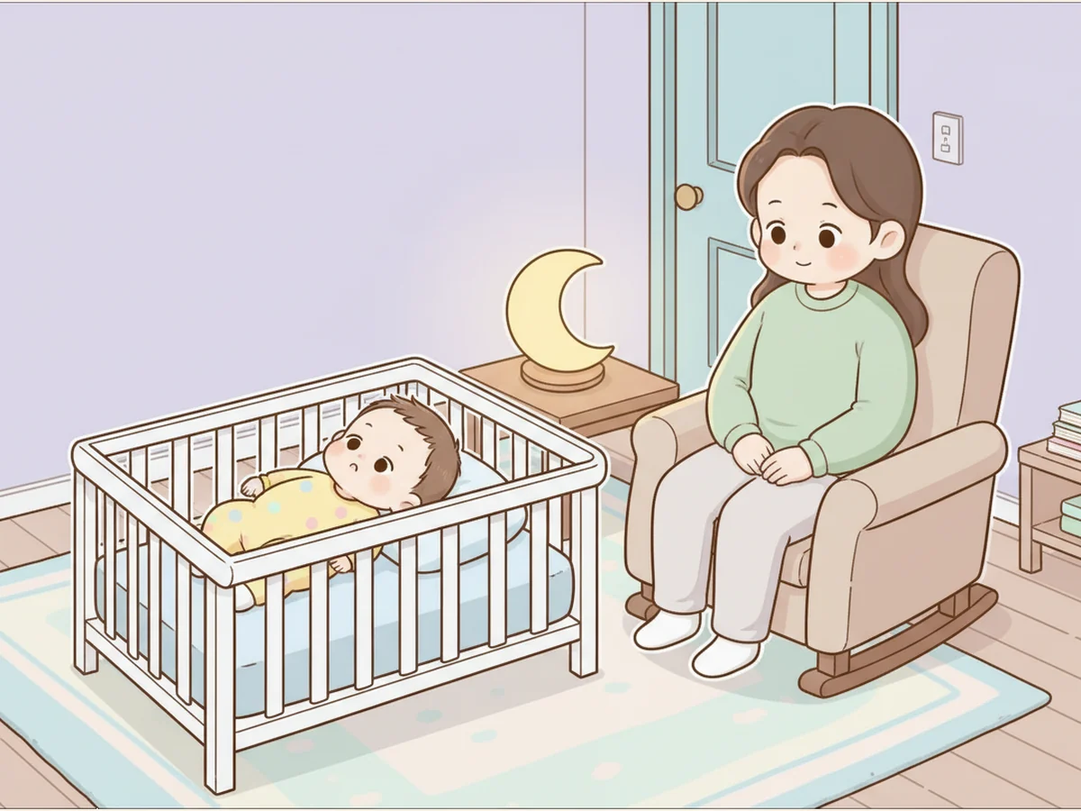 밤에 아기 침대 옆에서 부모가 작은 조명을 켜고 아기의 잠을 살피는 장면