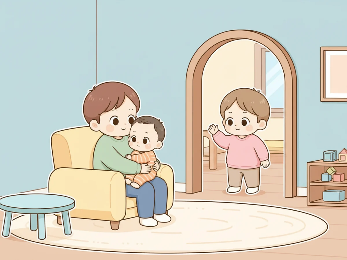 부모 품에서 낯선 사람을 먼저 지켜보는 아이를 부모가 기다려주는 장면