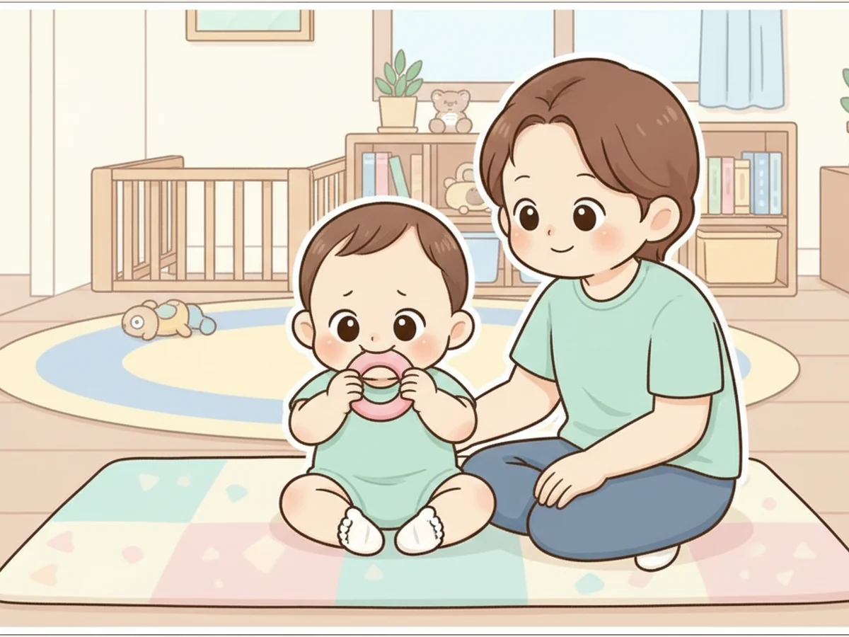 이가 나기 시작한 아기가 치발기를 물고 있고 부모가 곁에서 지켜보는 장면